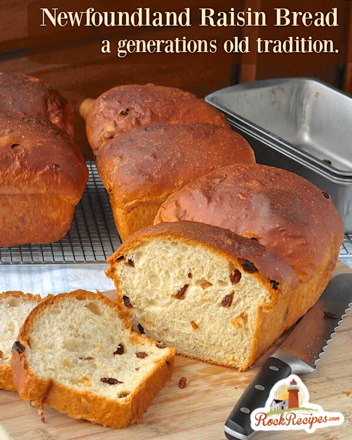 Newfoundland Raisin Bread photo with title text added for social media posting.
