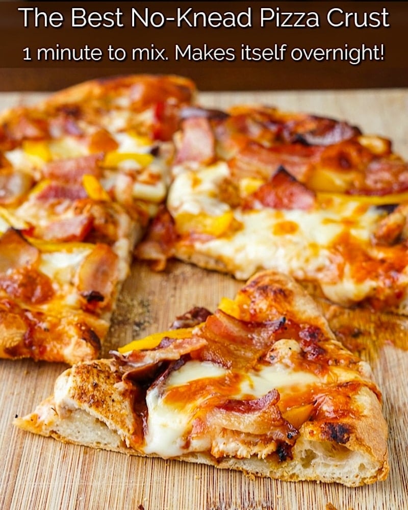 No Knead Pizza Dough photo with title text added for social media 4x5 size