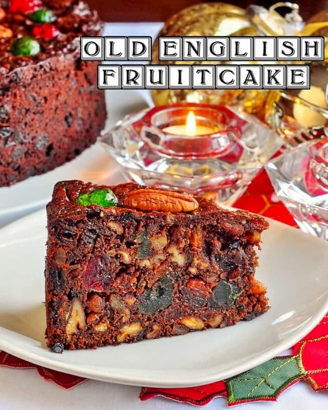 Old English Fruitcake slice image with title text