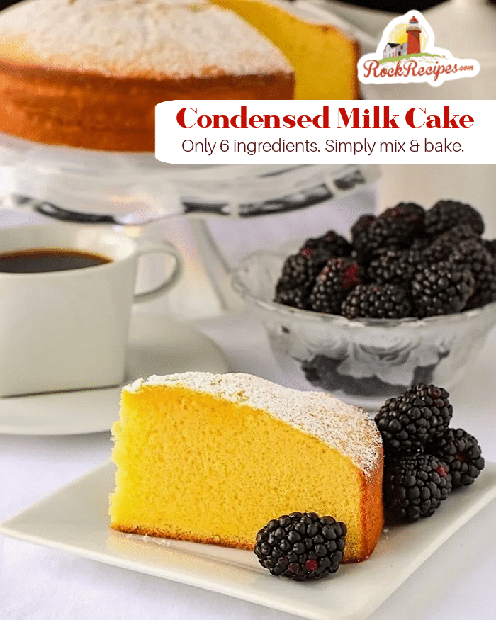 Condensed Milk Cake photo with title text added for social media posting.