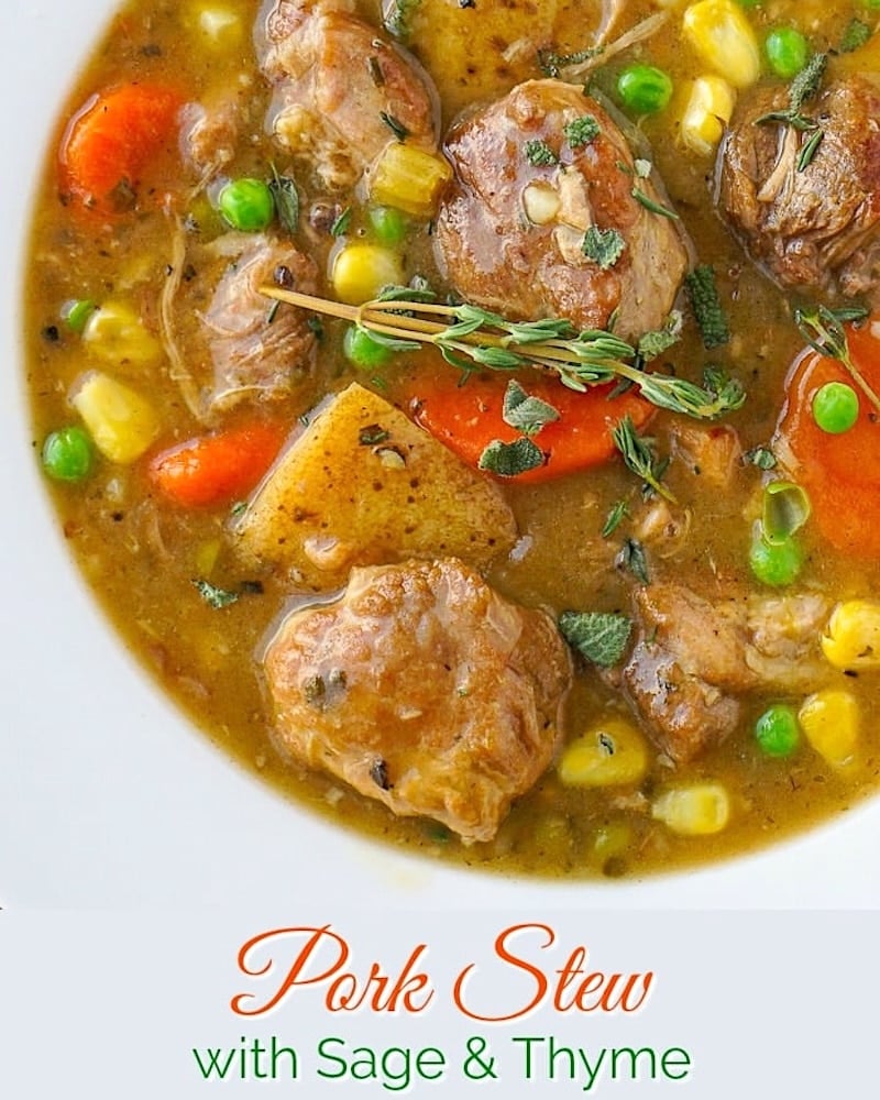Pork Stew with sage and thyme in a white bowl with title text added for social media.