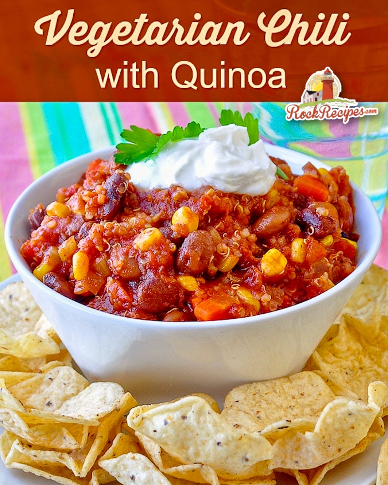 Quinoa Vegetarian Chili image with title text for social mnedia posts.