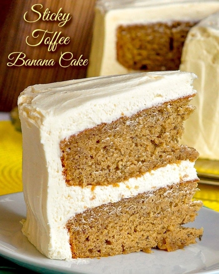 Sticky Toffee Banana Cake photo with title text added for social media.