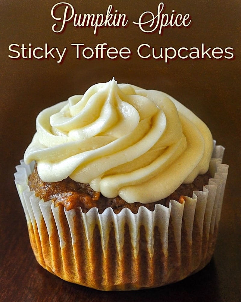 Sticky Toffee Pumpkin Cupcakes photo with title text for social media.