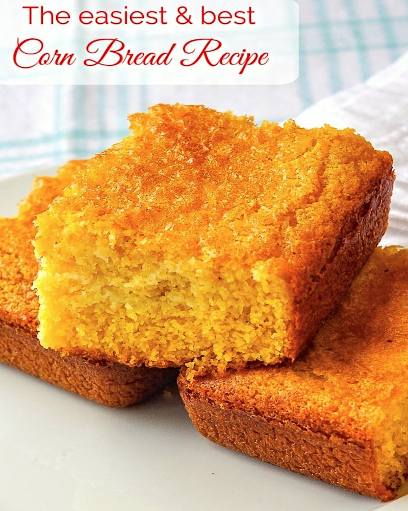 The best easy cornbread recipe photo of stacked cornbread with title text added for social media.
