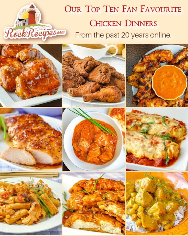 Our top Ten Chicken Recipes of the past 10 years. Image collage for social media posts.
