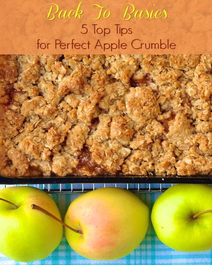 Apple Crisp or Crumble photo with text added for social media.