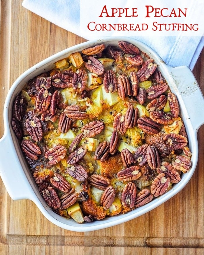 Apple Pecan Cornbread Stuffing photo with title text for social media.