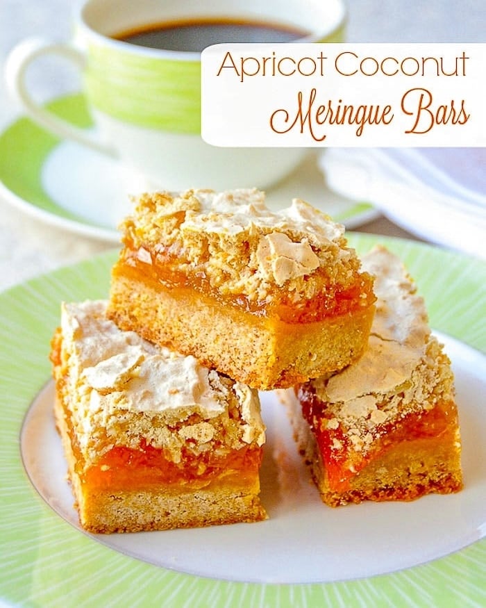 Apricot Coconut Meringue Bars photo with title text added for instagram and Facebook