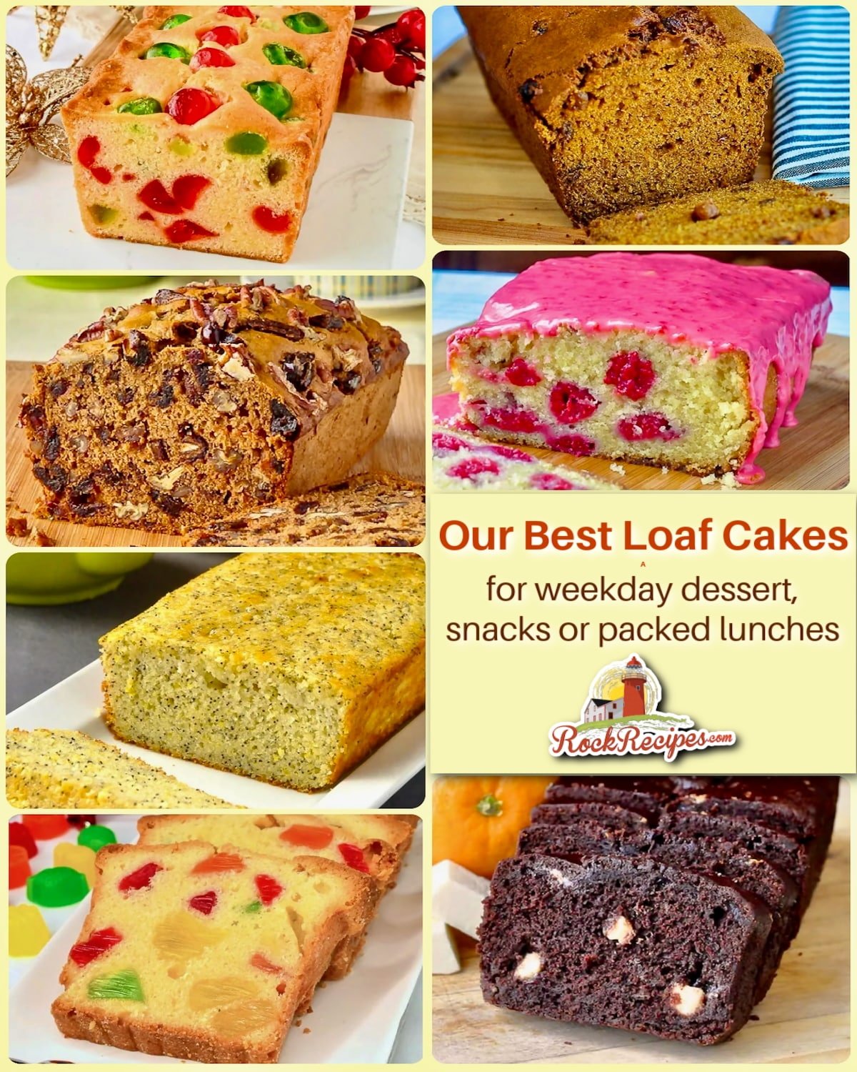Best Loaf Cakes photo collage with title text and logo added for social media posts