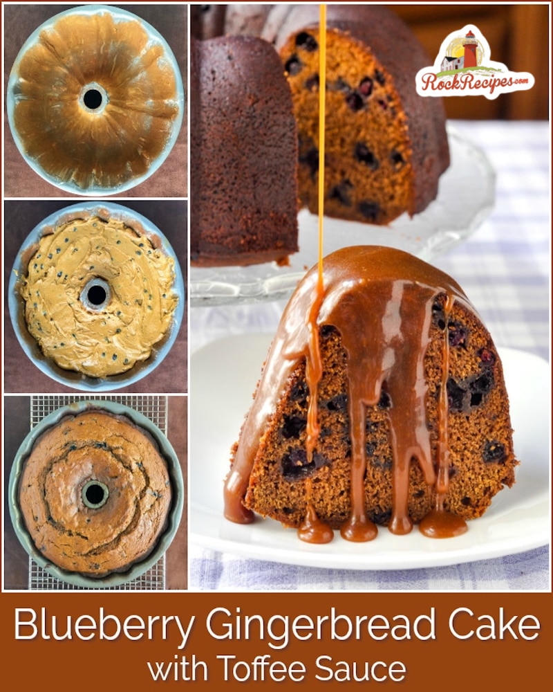 Blueberry Gingerbread Cake with Toffee Sauce photo collage with title text added for social media posts.