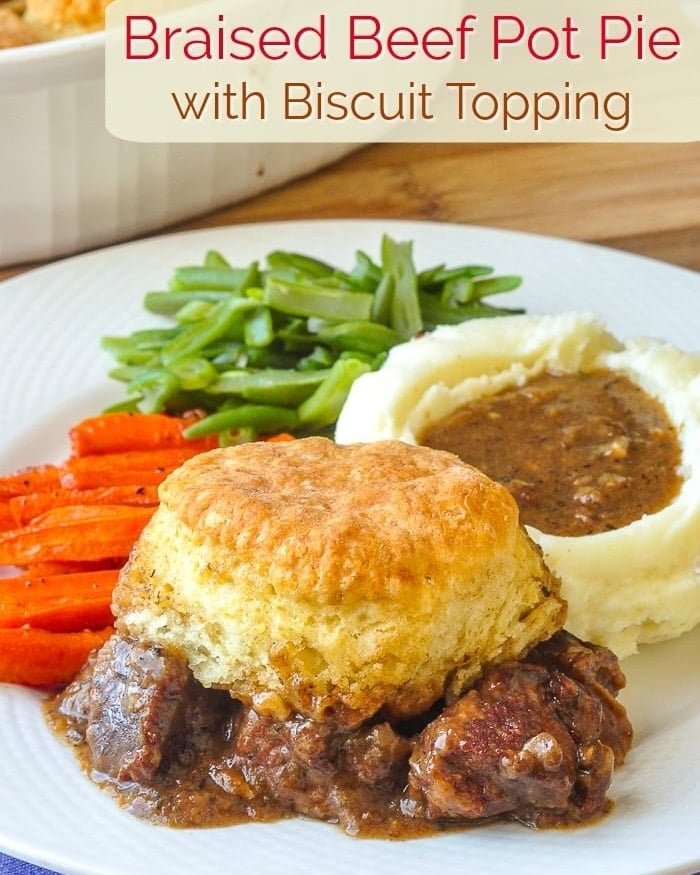 Braised Beef Pot Pie with Biscuit Topping single serving photo for social media.