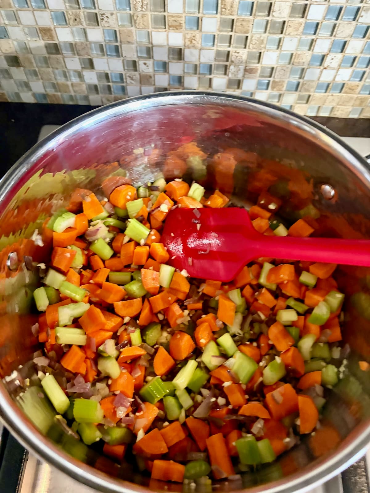 Celery Onions Garlic and Carrots in a saucepan
