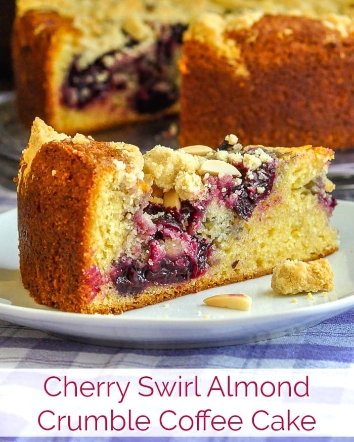 Cherry Swirl Almond Crumble Coffee Cake with title text dded for Instagram and Facebook.