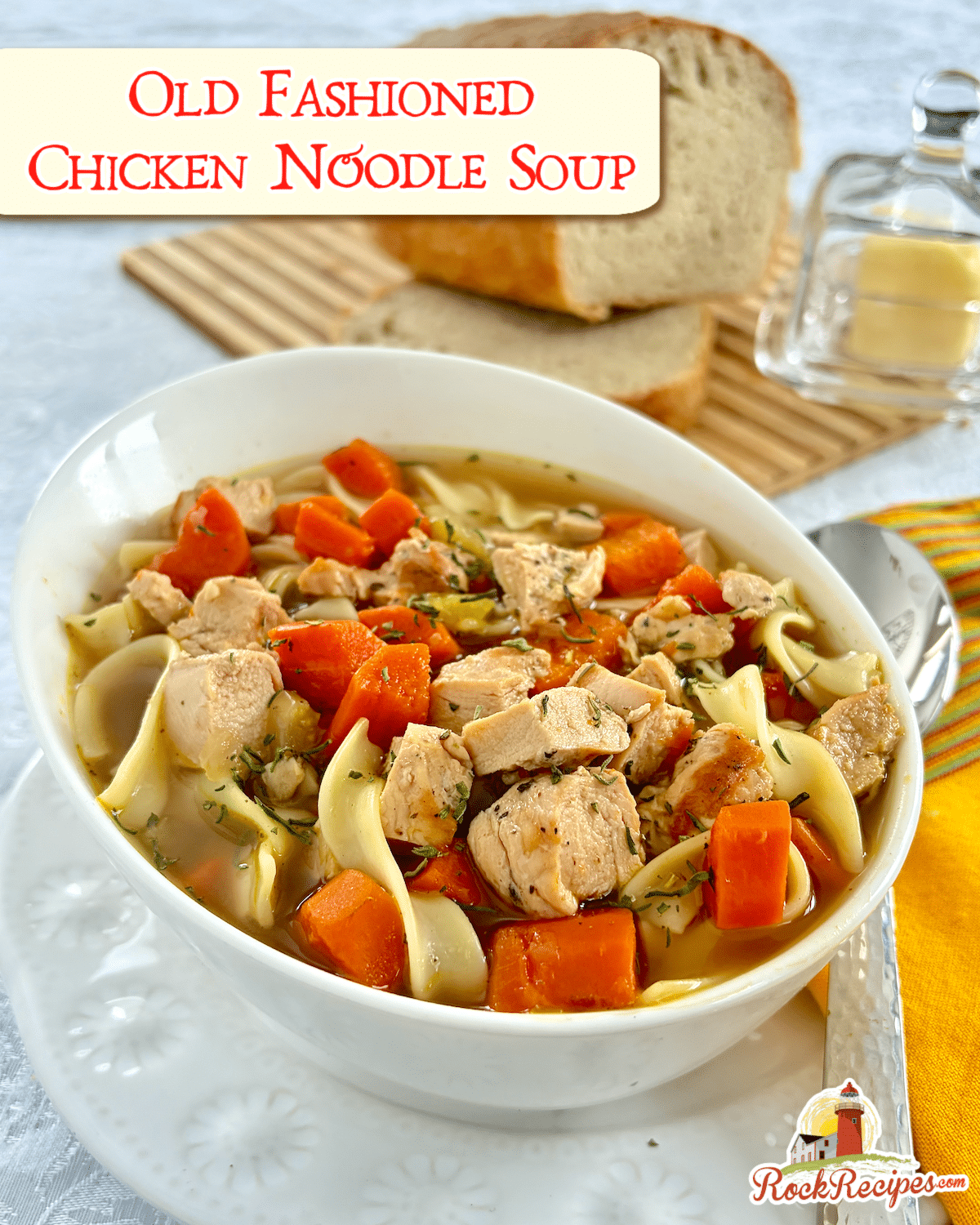 Chicken Noodle Soup with title text added for social media posts