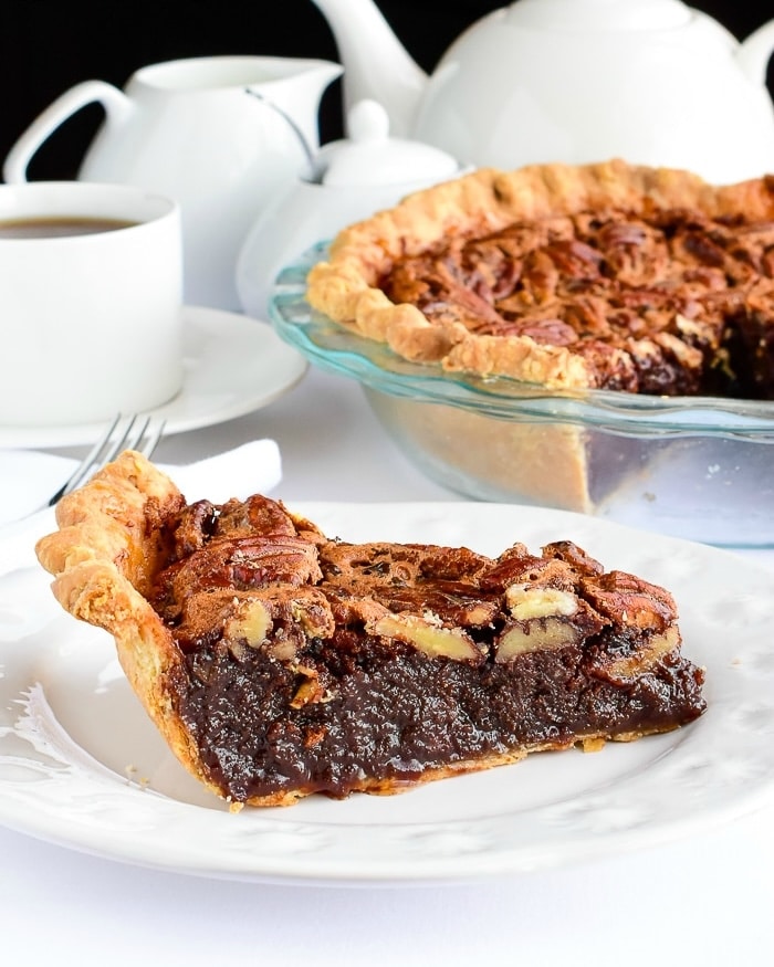 Chocolate Bourbon Pecan Pie photowith title text added for Facebook and Instagram