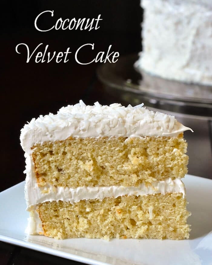 Coconut Velvet Cake- made photo with title text added for social media.