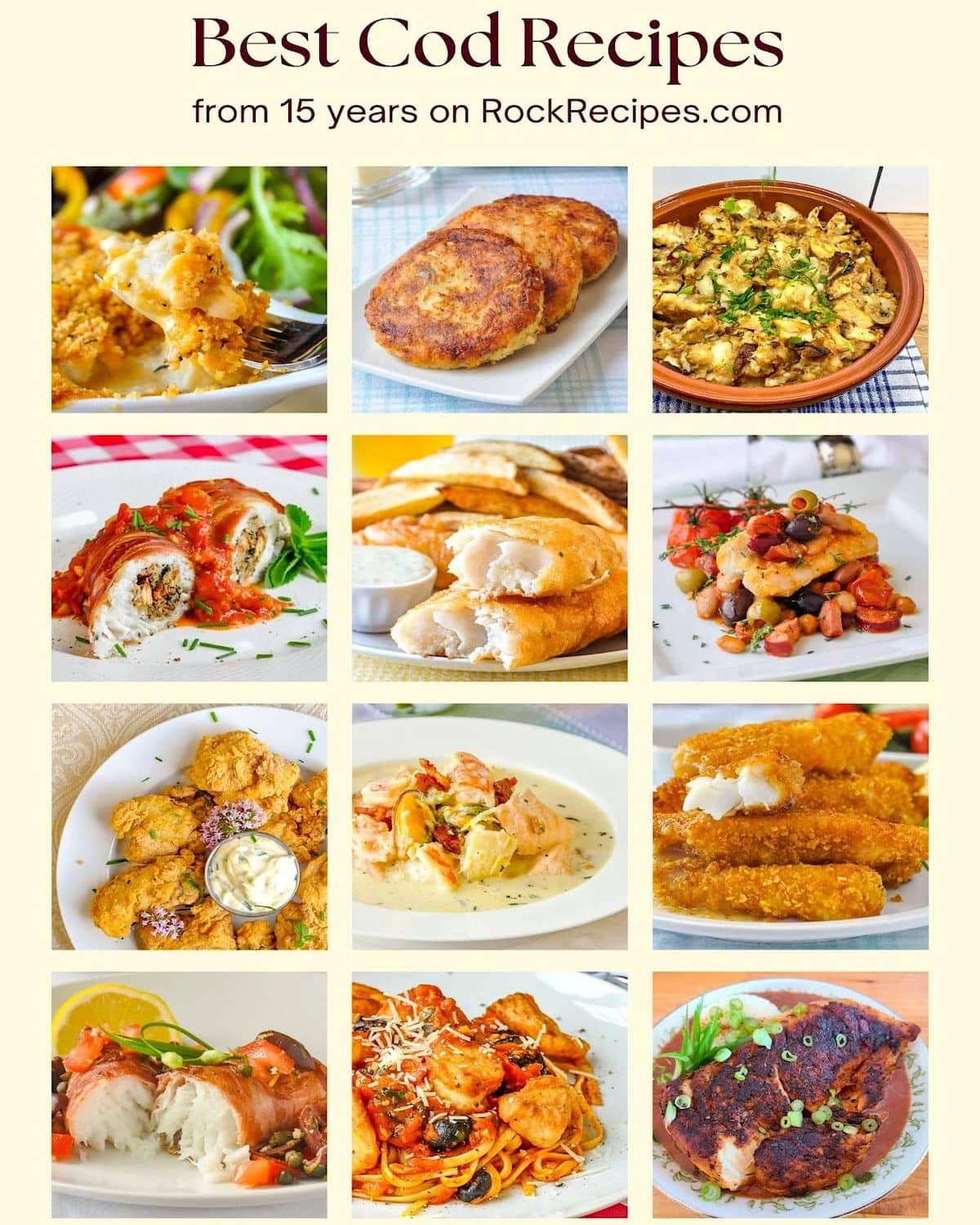 Photo collage of 12 cod fish recipes with title text added for social media.