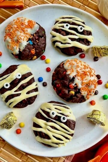 Featured photo of a plate of finished Double Chocolate Halloween Monster Cookies