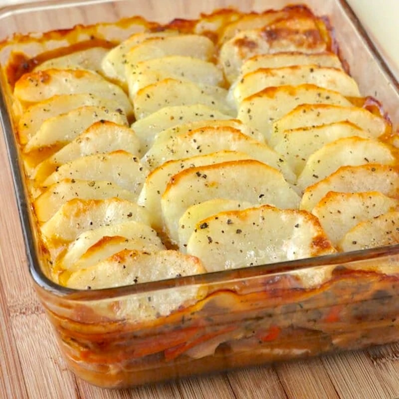 Leftover Turkey Cottage Pie photo of a cooked casserole with sliced potato topping