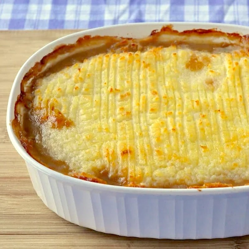 Leftover Turkey Cottage Pie with mashed potato topping in casserole dish