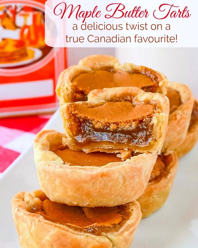 Maple Butter Tarts photo showing the filling of one tart with title text added for social media.