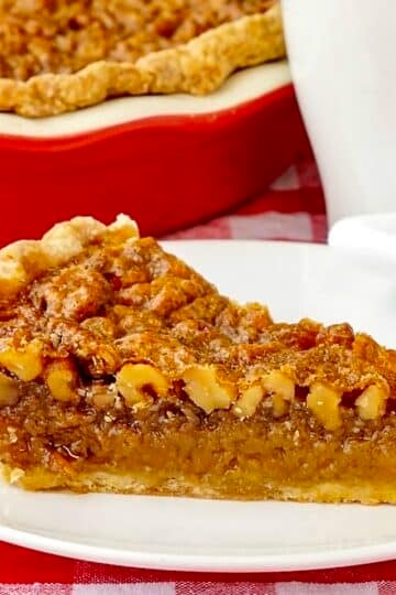 Maple Pie close up image of one slice on a white plate