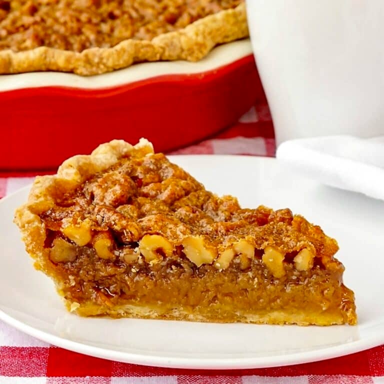 Maple Pie close up image of one slice on a white plate