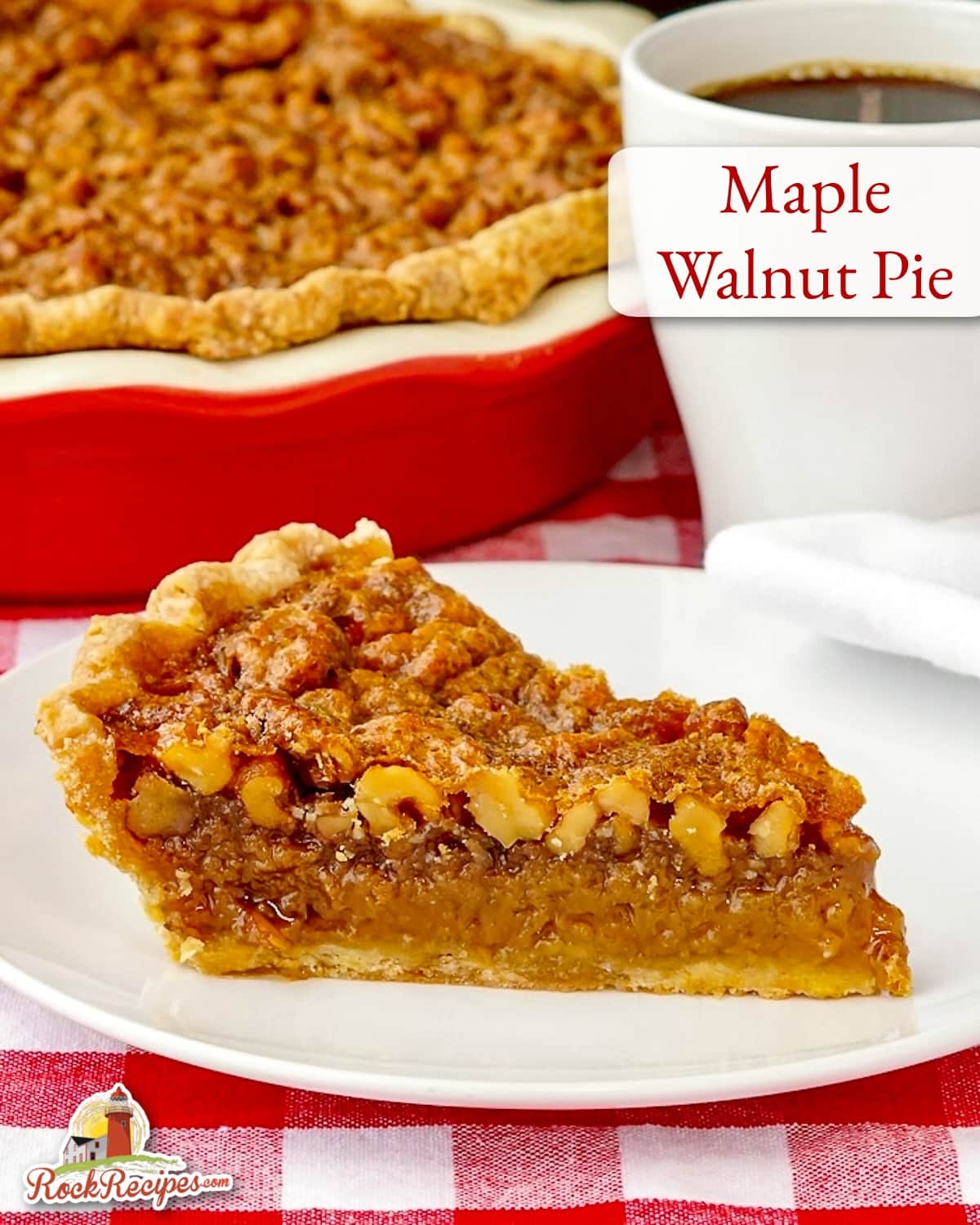 Maple Walnut Pie photo of one slice with title text added for social. media posts.