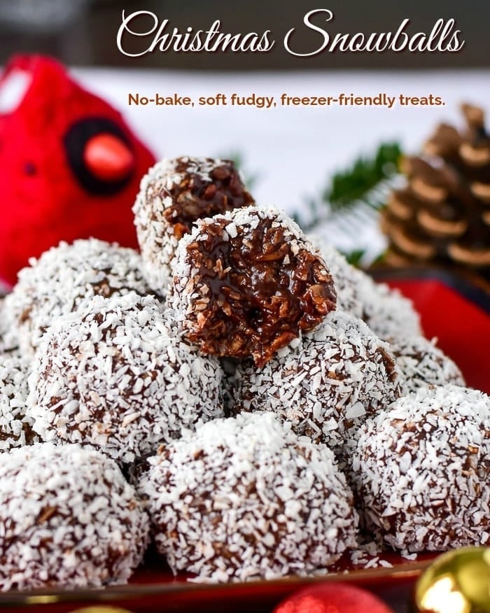 Newfoundland Snowballs stacked on a white plate with title text added for social media.