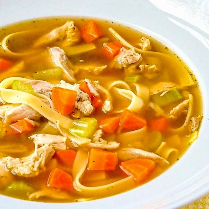 Old Fashioned Chicken Noodle Soup square cropped close up photo for Google featured image