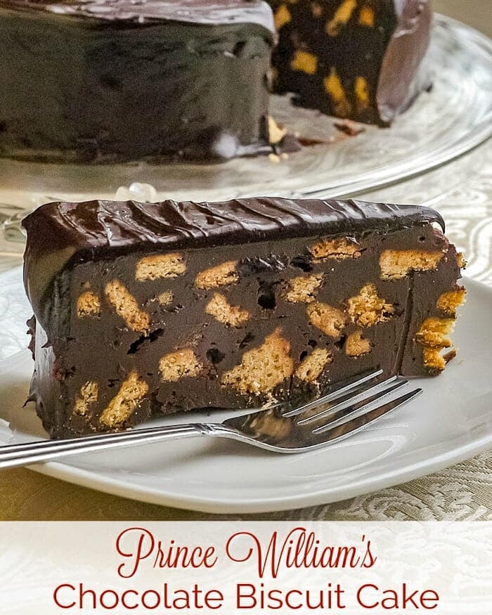 Prince William's Chocolate Biscuit Cake with title text added for social media