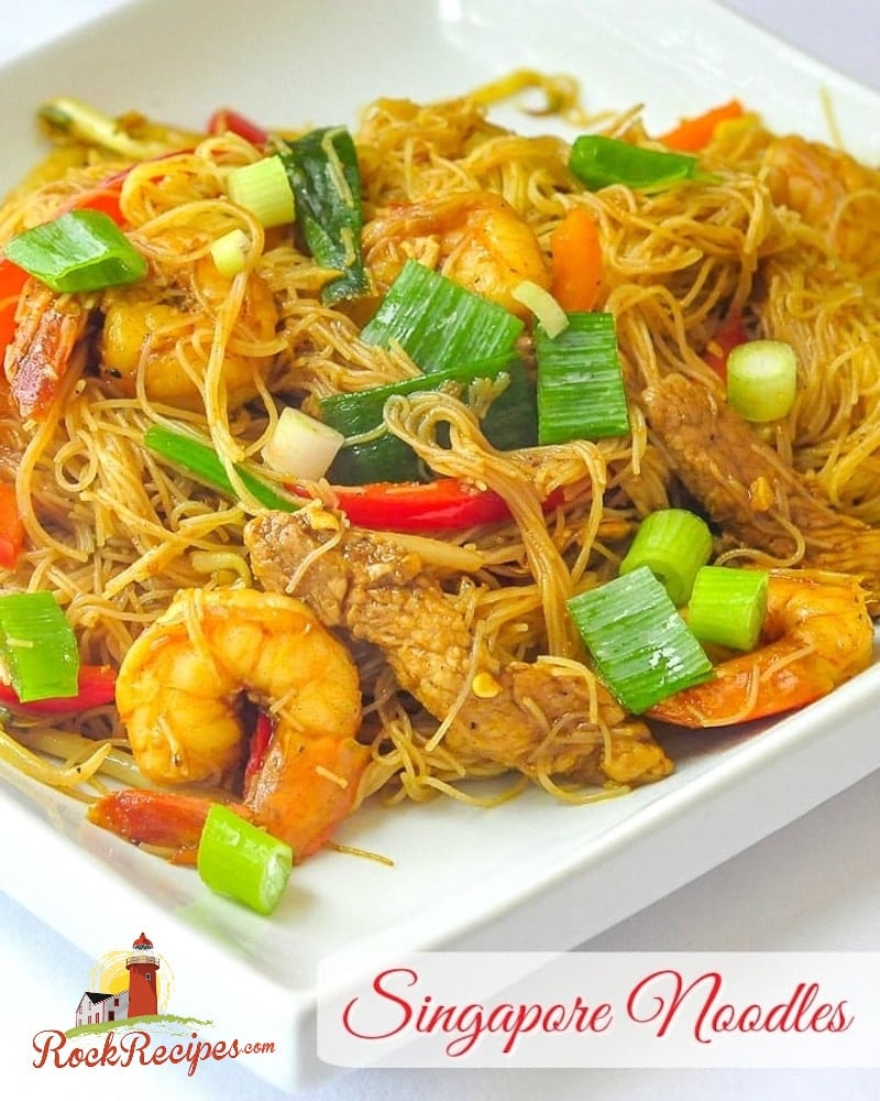 Singapore Noodles photo with title text added for social media posting.