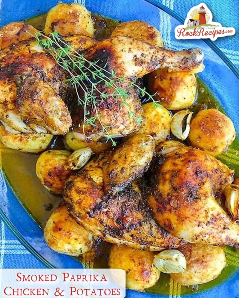 Smoked Paprika Chicken and Potatoes photo with title text added for Pinterest and Social Media posts