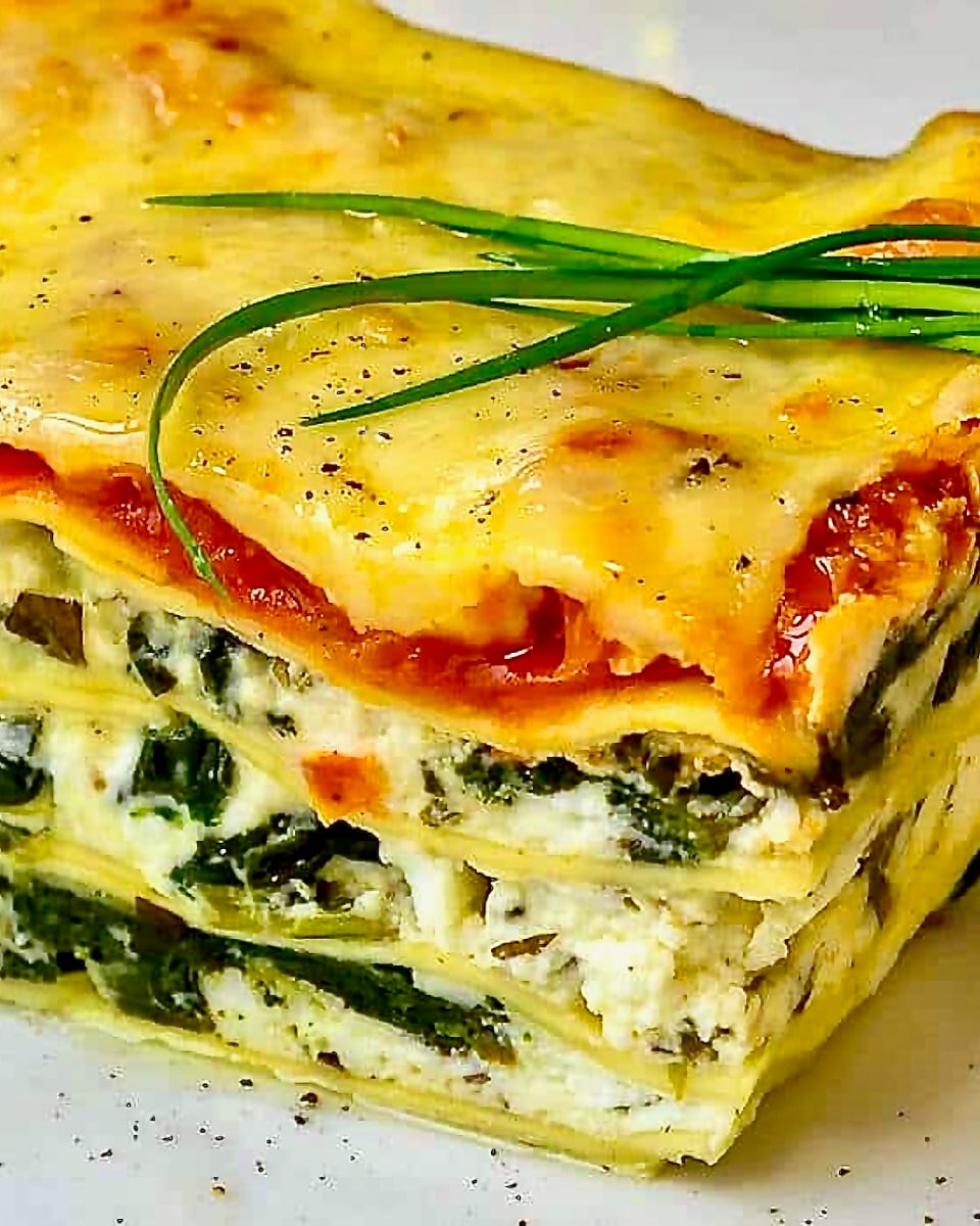 Social media 4:5 crop of Spanakopita Lasagna close up photo of one serving on a white plate with chive garnish on top.