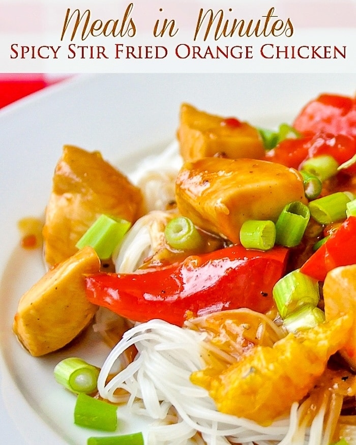 Spicy Stir Fried Orange Chicken photo with title text added for social media,