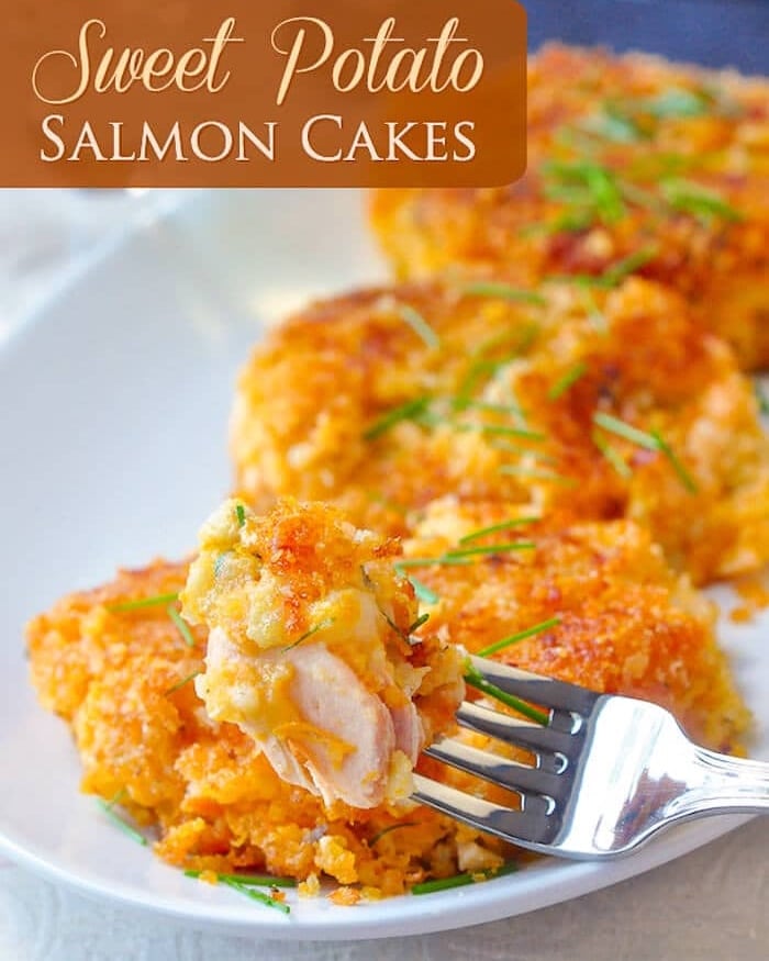 Sweet Potato Salmon Cakes covered in a crispy panko coating with title text added for social media.