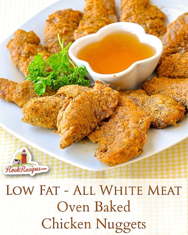 The Best Oven Baked Chicken Nuggets photo with title text for social media posts.