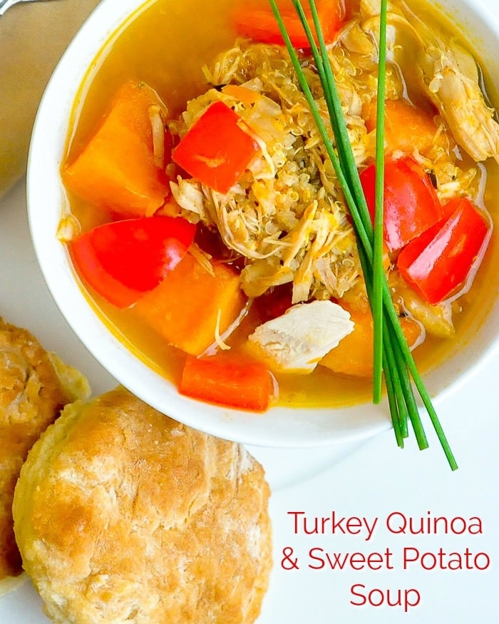 Turkey Quinoa Sweet Potato Soup with title text added fro Instagram and Facebook.