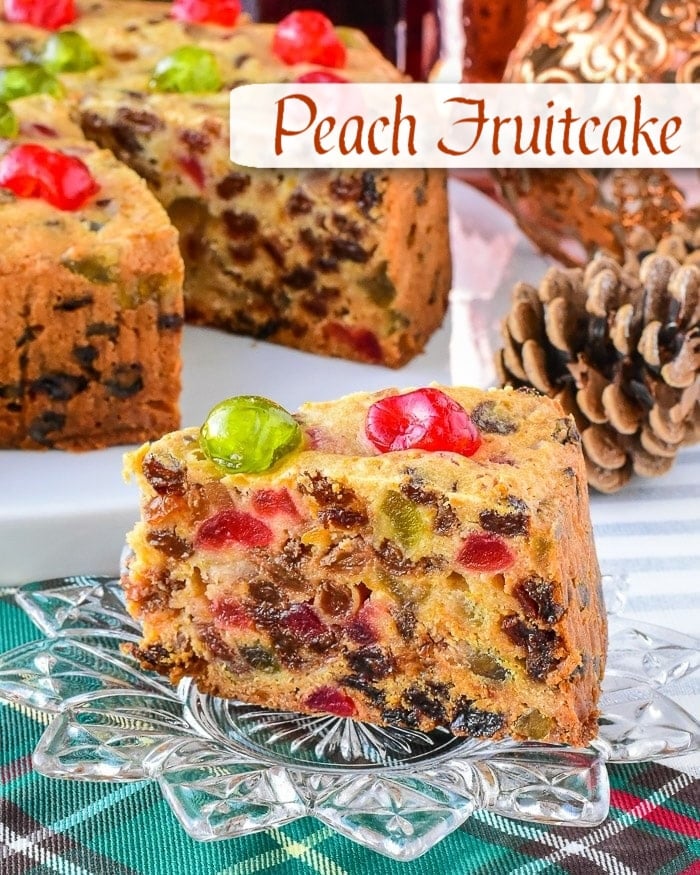 Peach Fruitcake close up photo for social media.
