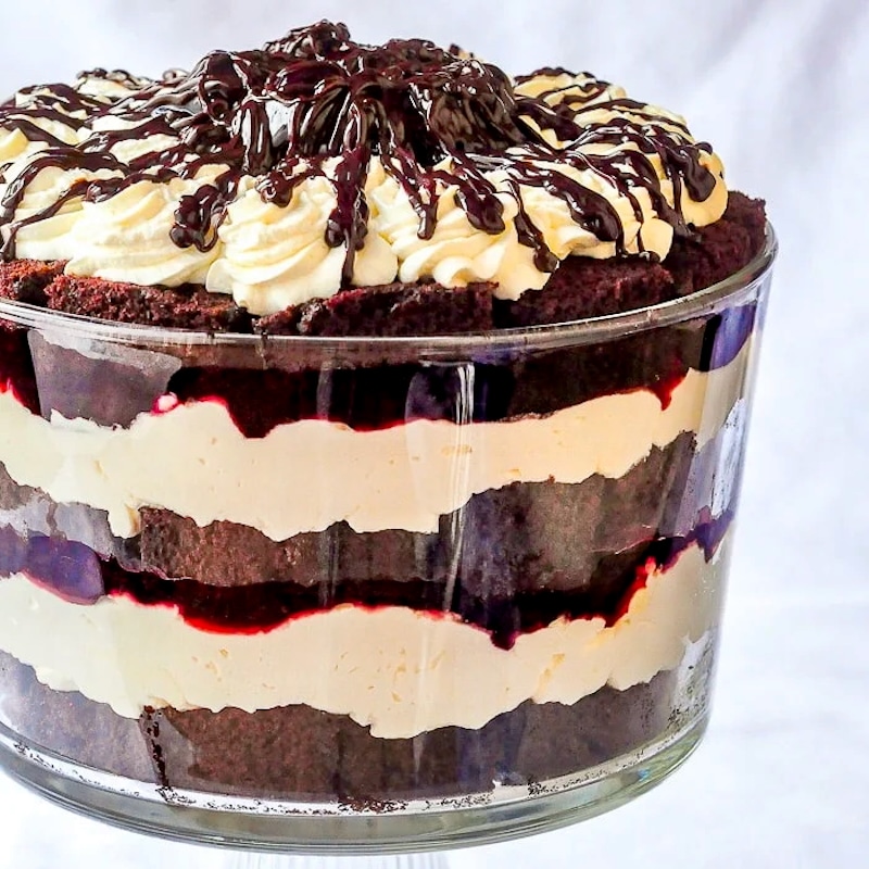 Chocolate Cherry Cheesecake Trifle close up featured image.