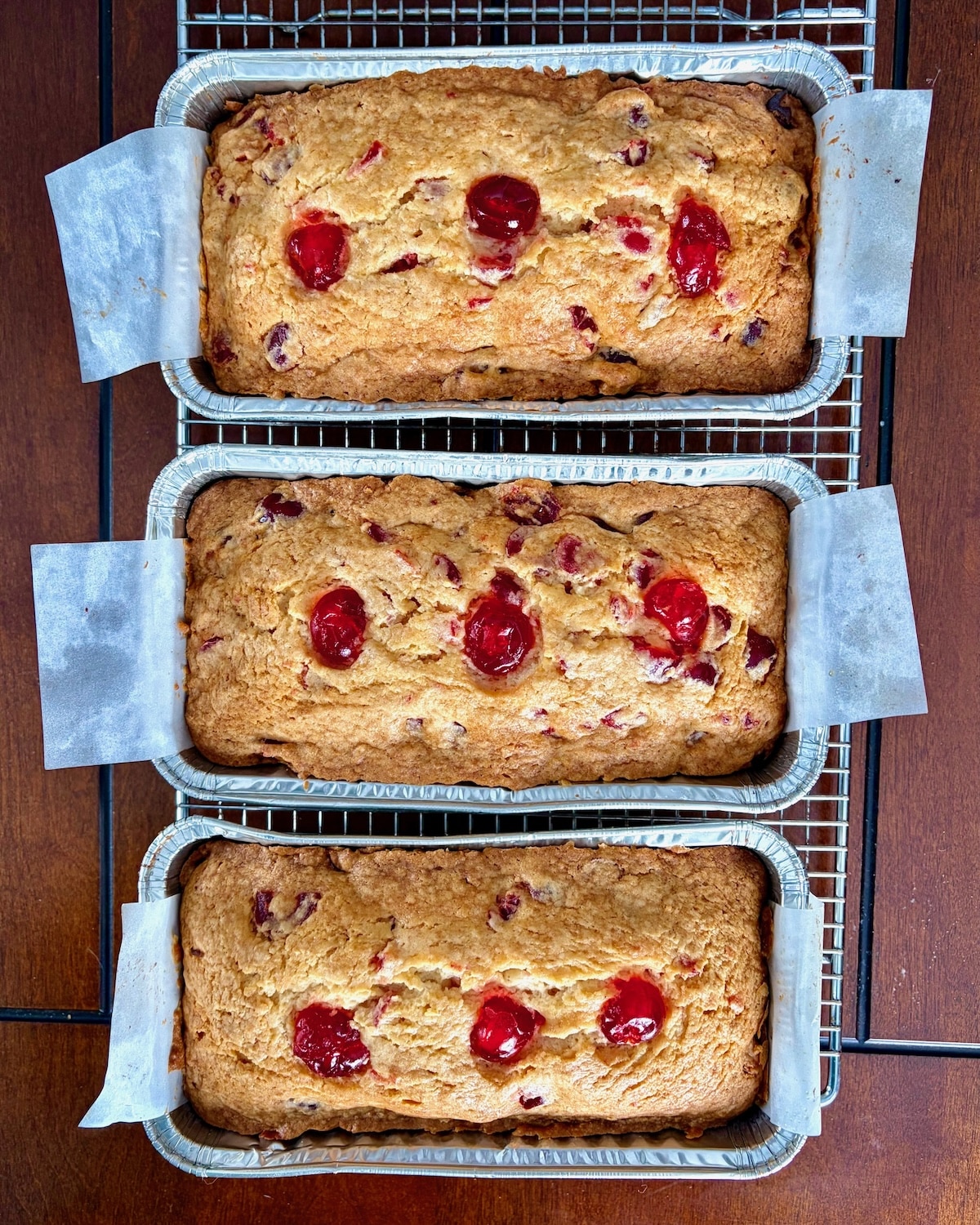 Newfoundland Cherry Cake baked in aluminum foil pans.