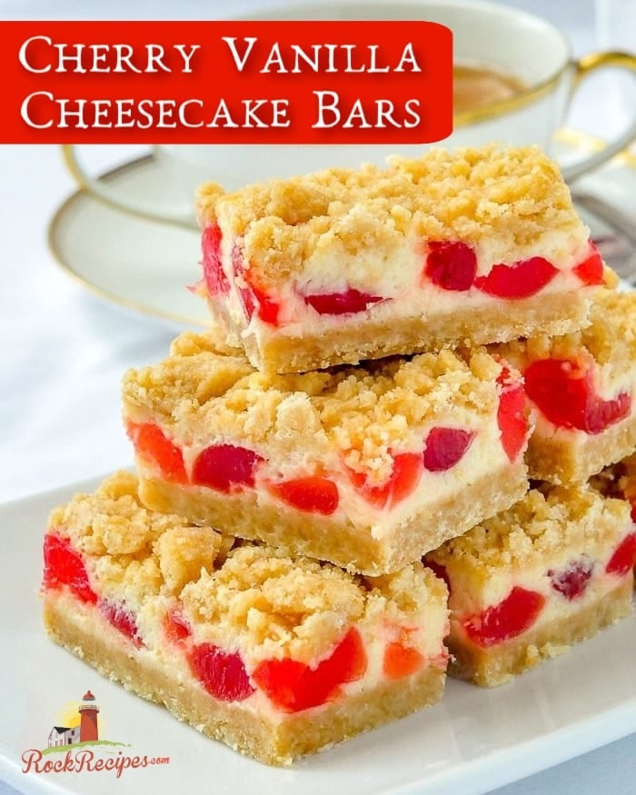 Cherry Vanilla Cheesecake Bars image with title text for social media.