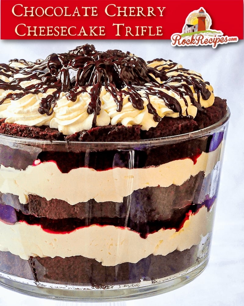 Chocolate Cherry Cheesecake Trifle image with title text and logo added for social media.