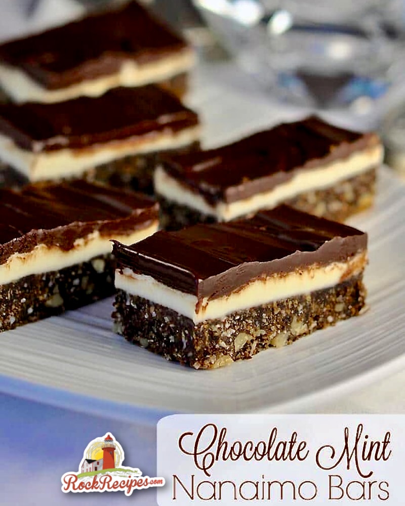Chocolate Mint Nanaimo Bars with title text added fir social media posts.
