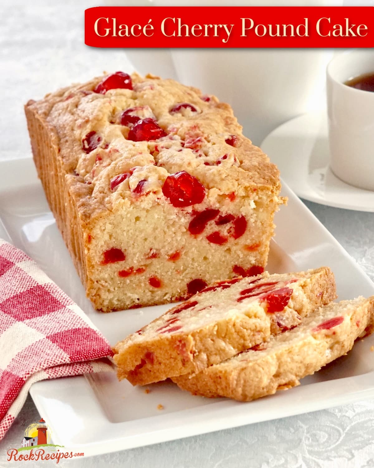 Newfoundland Cherry Cake photo of a sliced loaf cake on a white platter with title text and logo added for social media posts.