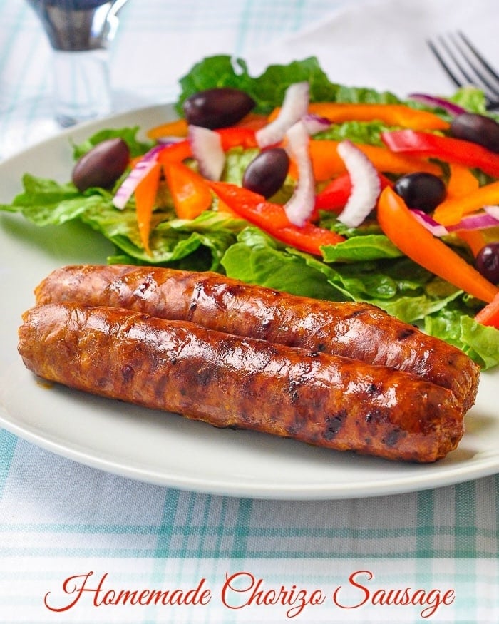 Homemade Chorizo Sausage pictured with title text added for social media.
