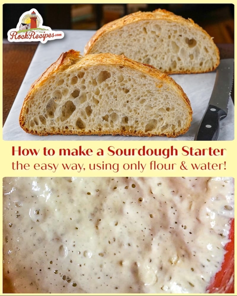 How to make a sourdough starter. Photo collage with title text added for social media posts.