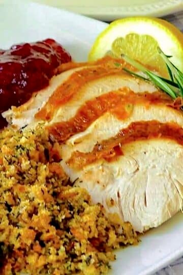 Lemon Rosemary Brined Roasted Turkey square close up photo for featured image.