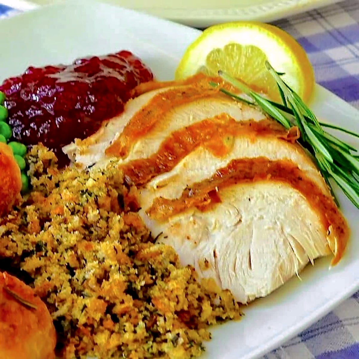 Lemon Rosemary Brined Roasted Turkey square close up photo for featured image.